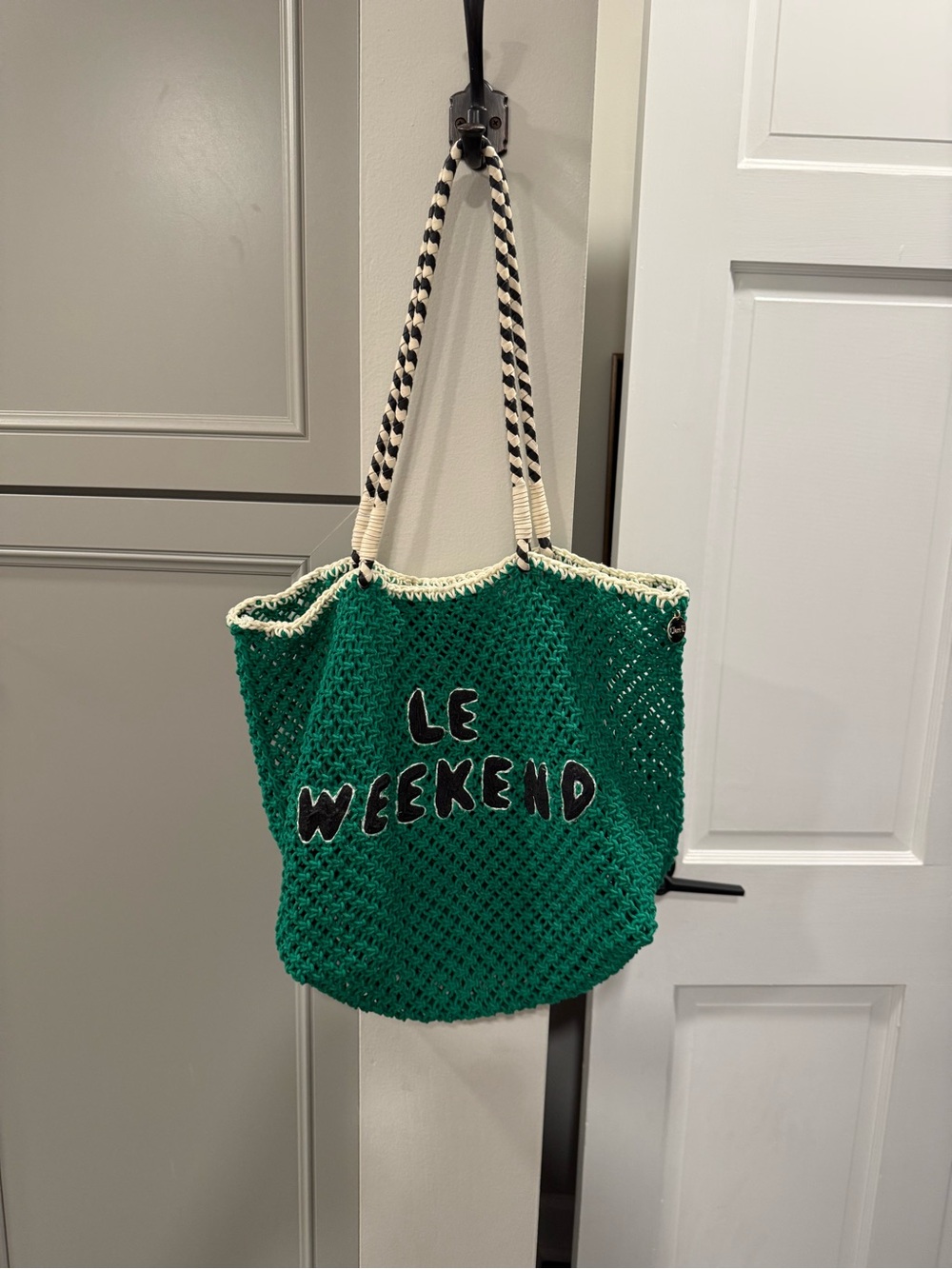 Clare V Green Crochet 'Le Weekend' Tote Bag with Striped leather Handles